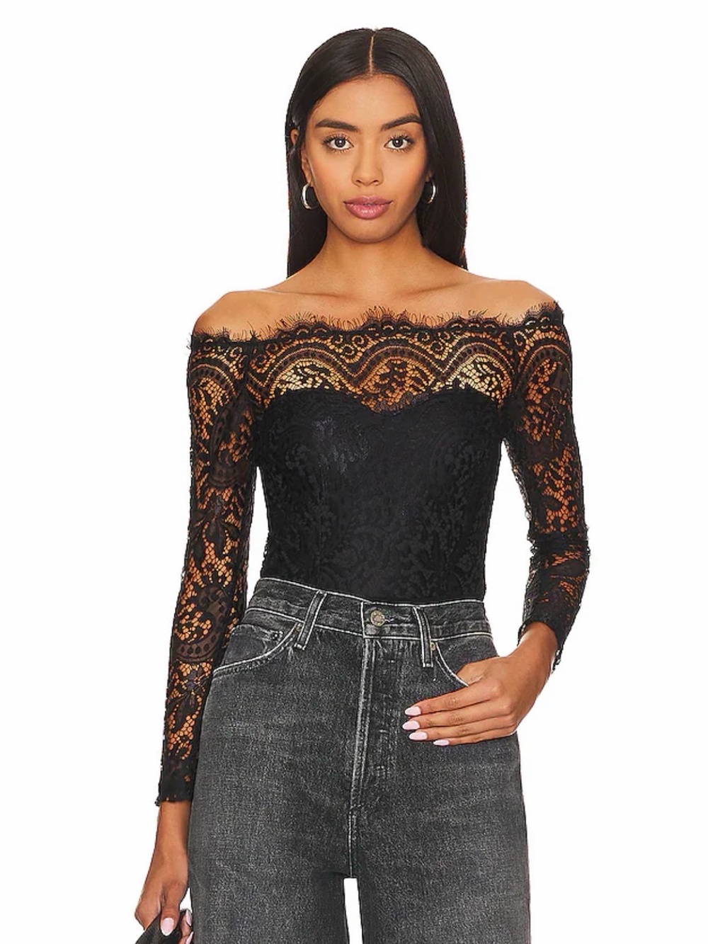 superdown Black Off-Shoulder Lace Bodysuit